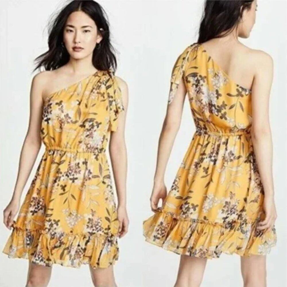 Shoshanna Carmela Yellow Silk Floral One-Shoulder Mini Dress